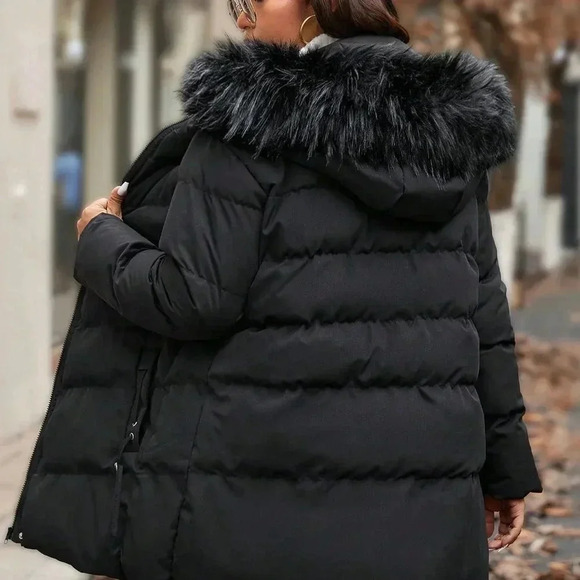 Black Casual Women's Plus Size Quilted Hooded Long Sleeve Mid-Length Padded Coat - Picture 3 of 8